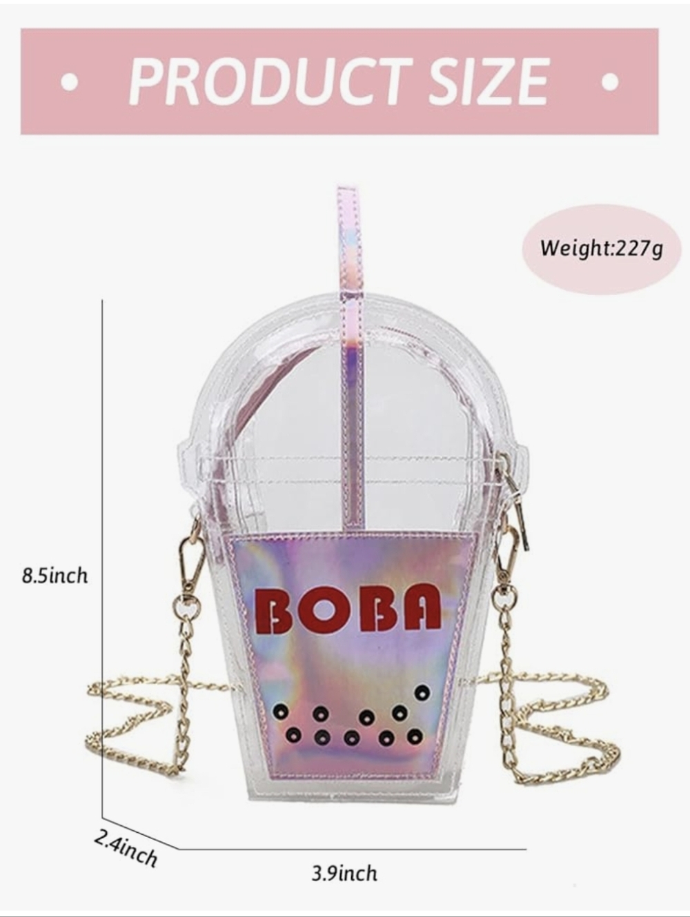 Pink Holographic Boba Bubble Tea Clear Crossbody Purse Iridescent Shoulder Bag - Picture 9 of 9